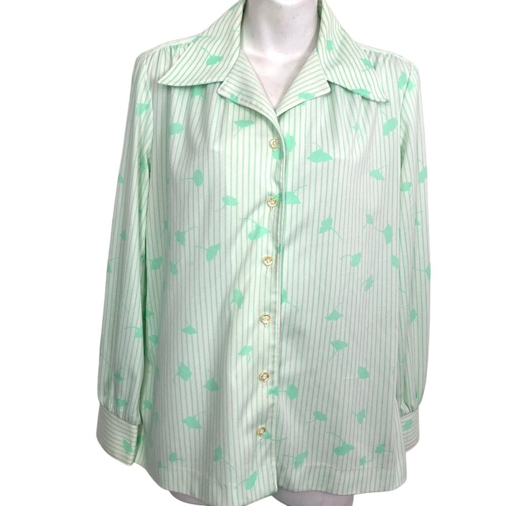 Center Stage Womens Green Long Sleeve Print Vintage Button Down 1970's Top L